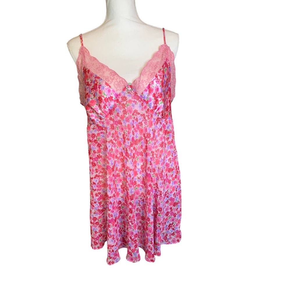Gilligan & O'Malley Pink Floral Lace Trim Chemise Nightgown Sleepwear‎ Coquette